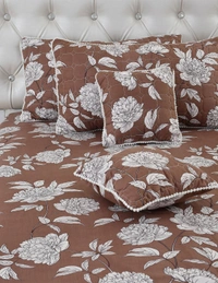 MORADO Glace Cotton 5 Pcs with Beautiful White Pompom Lace Bedding Set | Double Bed Size Bedsheet with 2 Pillow Covers and 2 Filled Cushions (90x100 Inches - Coffee) - 90x100 Inches, Coffee