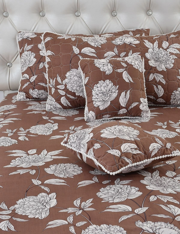 MORADO Glace Cotton 5 Pcs with Beautiful White Pompom Lace Bedding Set | Double Bed Size Bedsheet with 2 Pillow Covers and 2 Filled Cushions (90x100 Inches - Coffee) - 90x100 Inches, Coffee