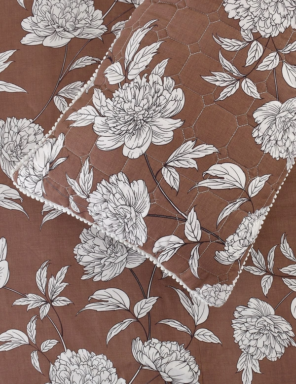 MORADO Glace Cotton 5 Pcs with Beautiful White Pompom Lace Bedding Set | Double Bed Size Bedsheet with 2 Pillow Covers and 2 Filled Cushions (90x100 Inches - Coffee) - 90x100 Inches, Coffee