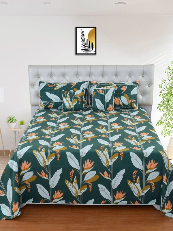 MORADO Glace Cotton 5 Pcs with Beautiful White Pompom Lace Bedding Set | Double Bed Size Bedsheet with 2 Pillow Covers and 2 Filled Cushions (90x100 Inches - Dark Green) - 90x100 Inches, Dark Green