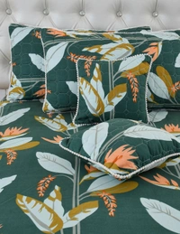 MORADO Glace Cotton 5 Pcs with Beautiful White Pompom Lace Bedding Set | Double Bed Size Bedsheet with 2 Pillow Covers and 2 Filled Cushions (90x100 Inches - Dark Green) - 90x100 Inches, Dark Green