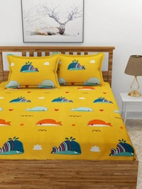 MORADO Premium Glace Cotton Elastic Fitted Double Bedsheet with 2 Pillow Covers (72x78x8 Inches) - Yellow