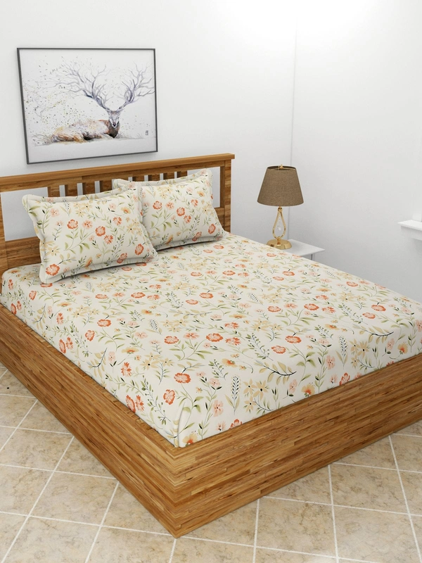 MORADO Premium Glace Cotton Double Bedsheet With 2 King Size Pillow Covers (90x100 Inches) - 90x100 Inches, Offwhite