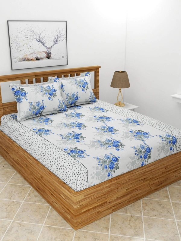 MORADO Premium Glace Cotton Double Bedsheet with 2 King Size Pillow Covers (90x100 Inches, Blue White) - 90x100 Inches, Blue