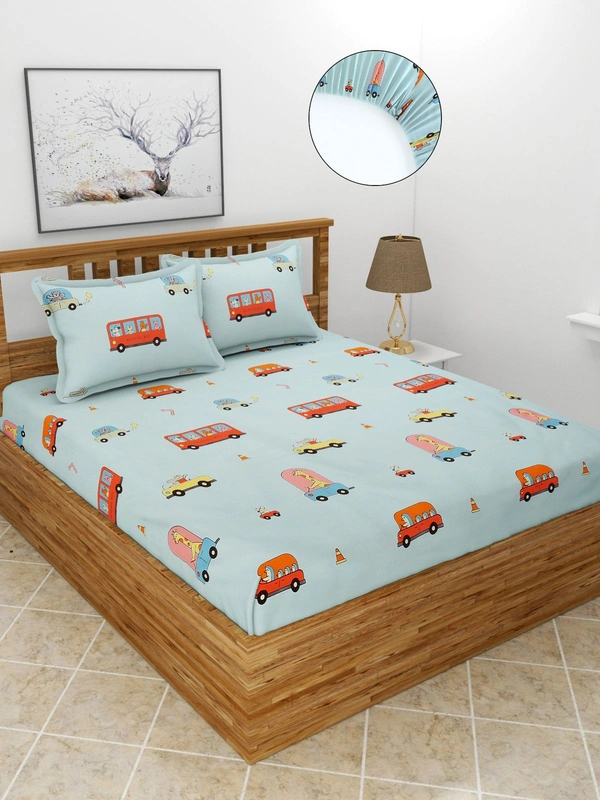 MORADO Premium Glace Cotton Elastic Fitted Double Bedsheet with 2 Pillow Covers (72x78x8 Inches) - Blue, Hand Wash or Machine Wash, Wash Dark Colors Separately, Do not Bleach