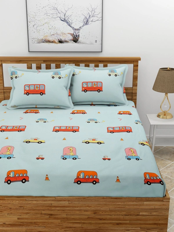 MORADO Premium Glace Cotton Elastic Fitted Double Bedsheet with 2 Pillow Covers (72x78x8 Inches) - Blue, Hand Wash or Machine Wash, Wash Dark Colors Separately, Do not Bleach