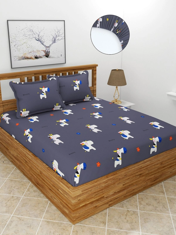 MORADO Premium Glace Cotton Elastic Fitted Double Bedsheet with 2 Pillow Covers (72x78x8 Inches) - Dark Blue, Hand Wash or Machine Wash, Wash Dark Colors Separately, Do not Bleach