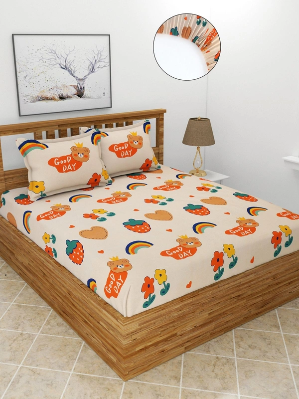 MORADO Premium Glace Cotton Elastic Fitted Double Bedsheet with 2 Pillow Covers (72x78x8 Inches) - Multicolor, Hand Wash or Machine Wash, Wash Dark Colors Separately, Do not Bleach