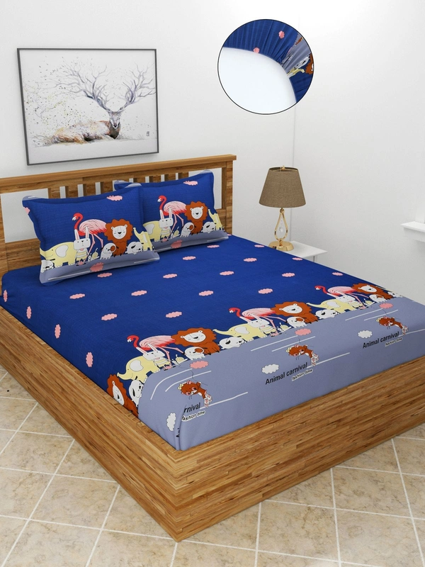 MORADO Premium Glace Cotton Elastic Fitted Double Bedsheet with 2 Pillow Covers (72x78x8 Inches) - Blue Grey, Hand Wash or Machine Wash, Wash Dark Colors Separately, Do not Bleach