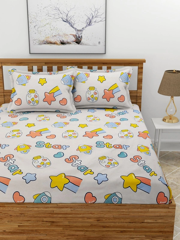 MORADO Premium Glace Cotton Elastic Fitted Double Bedsheet with 2 Pillow Covers (72x78x8 Inches) - Offwhite, Hand Wash or Machine Wash, Wash Dark Colors Separately, Do not Bleach