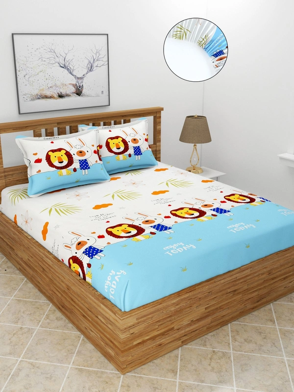 MORADO Premium Glace Cotton Elastic Fitted Double Bedsheet with 2 Pillow Covers (72x78x8 Inches) - Blue Offwhite, Hand Wash or Machine Wash, Wash Dark Colors Separately, Do not Bleach