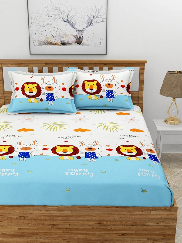 MORADO Premium Glace Cotton Elastic Fitted Double Bedsheet with 2 Pillow Covers (72x78x8 Inches) - Blue Offwhite, Hand Wash or Machine Wash, Wash Dark Colors Separately, Do not Bleach