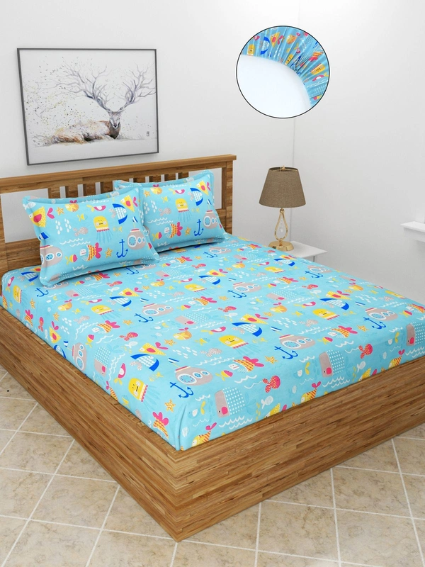 MORADO Premium Glace Cotton Elastic Fitted Double Bedsheet with 2 Pillow Covers (72x78x8 Inches) - Light Blue, Hand Wash or Machine Wash, Wash Dark Colors Separately, Do not Bleach