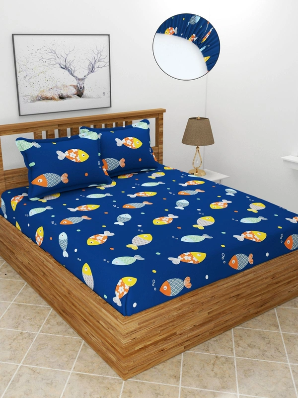 MORADO Premium Glace Cotton Elastic Fitted Double Bedsheet with 2 Pillow Covers (72x78x8 Inches) - Blue, Hand Wash or Machine Wash, Wash Dark Colors Separately, Do not Bleach