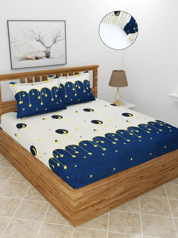 MORADO Premium Glace Cotton Elastic Fitted Double Bedsheet with 2 Pillow Covers (72x78x8 Inches) - Blue Offwhite, Hand Wash or Machine Wash, Wash Dark Colors Separately, Do not Bleach