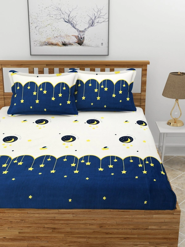 MORADO Premium Glace Cotton Elastic Fitted Double Bedsheet with 2 Pillow Covers (72x78x8 Inches) - Blue Offwhite, Hand Wash or Machine Wash, Wash Dark Colors Separately, Do not Bleach