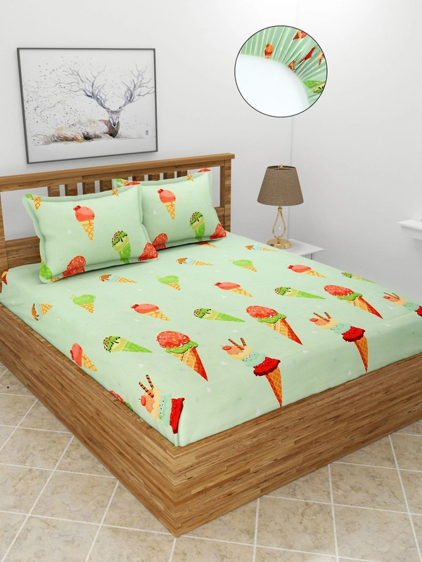 MORADO Premium Glace Cotton Elastic Fitted Double Bedsheet with 2 Pillow Covers (72x78x8 Inches) - Green