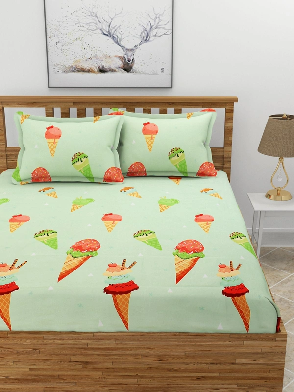 MORADO Premium Glace Cotton Elastic Fitted Double Bedsheet with 2 Pillow Covers (72x78x8 Inches) - Green