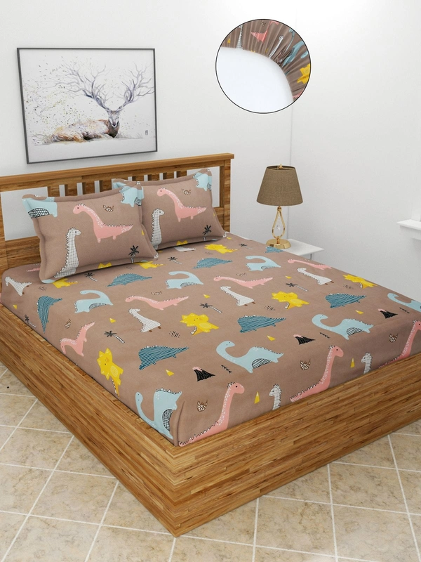 MORADO Premium Glace Cotton Elastic Fitted Double Bedsheet with 2 Pillow Covers (72x78x8 Inches) - Brown