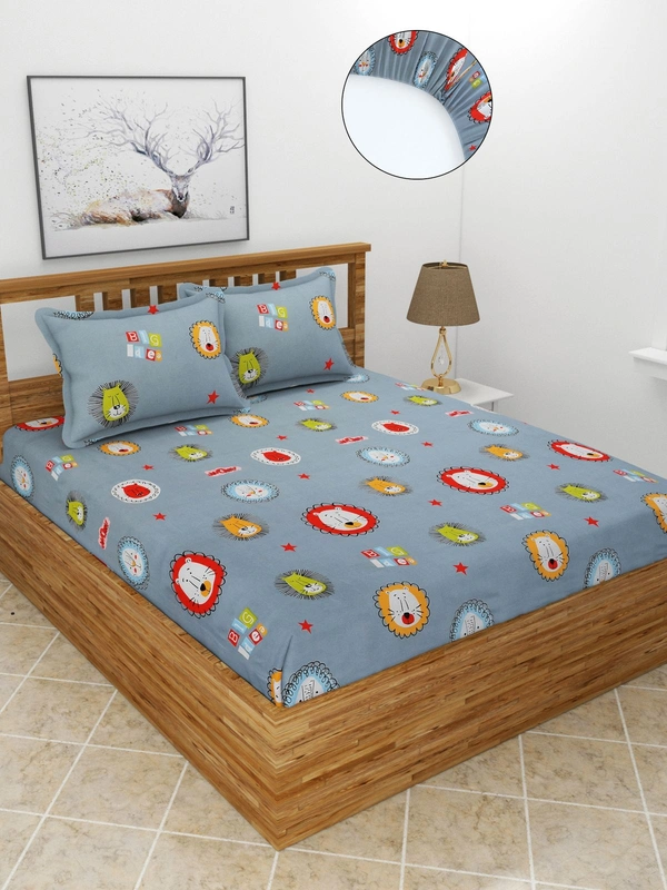 MORADO Premium Glace Cotton Elastic Fitted Double Bedsheet with 2 Pillow Covers (72x78x8 Inches) - Grey