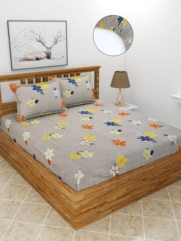 MORADO Premium Glace Cotton Elastic Fitted Double Bedsheet with 2 Pillow Covers (72x78x10 Inches)