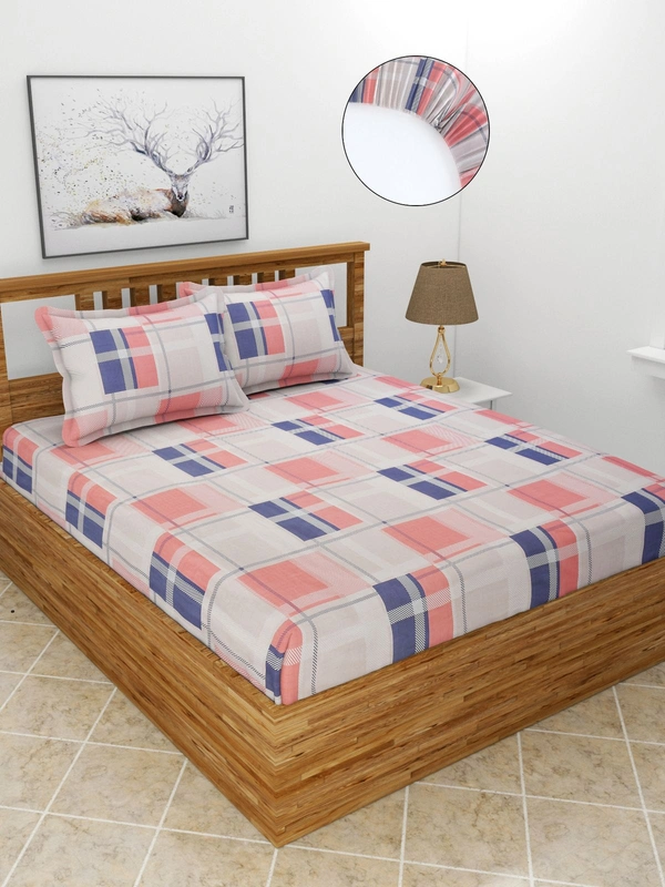 MORADO Premium Glace Cotton Elastic Fitted Double Bedsheet with 2 Pillow Covers (72x78x10 Inches)