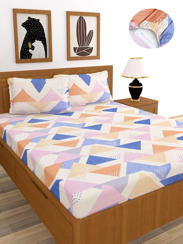 MORADO Premium Glace Cotton Elastic Fitted Double Bedsheet with 2 Pillow Covers (72x78x10 Inches)