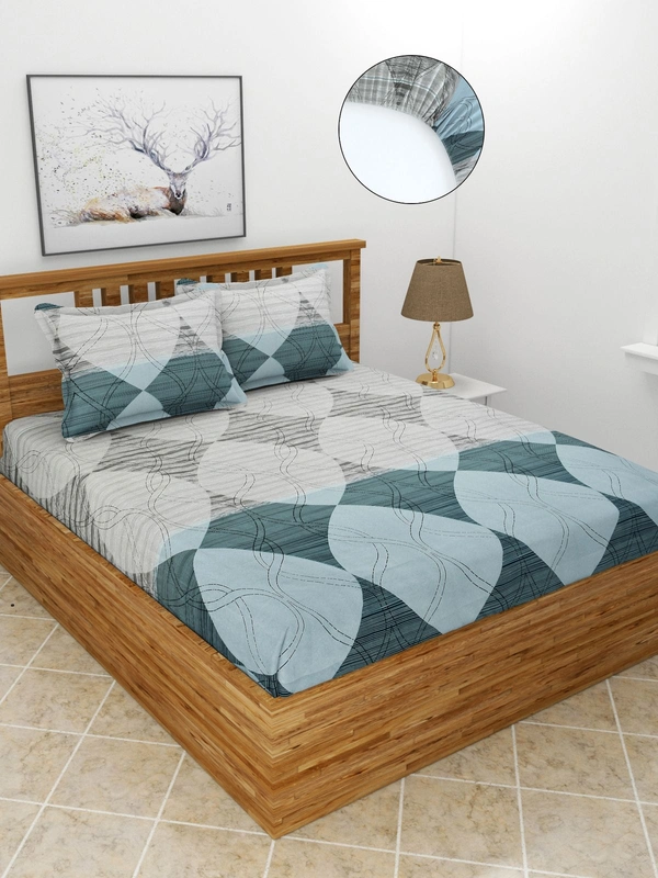 MORADO Premium Glace Cotton Elastic Fitted Double Bedsheet with 2 Pillow Covers (72x78x10 Inches)