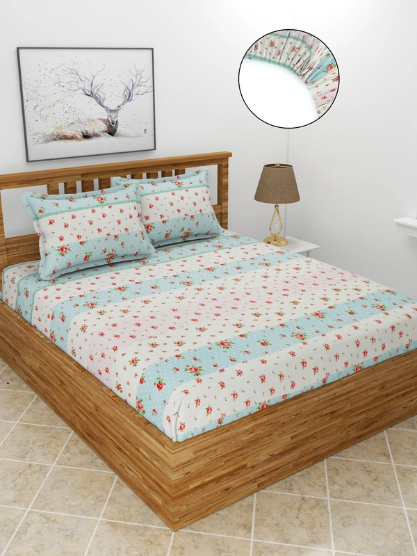 MORADO Premium Glace Cotton Elastic Fitted Double Bedsheet With 2 Pillow Covers (72x78x8 Inches) - 72x78x8 Inches, Multicolor