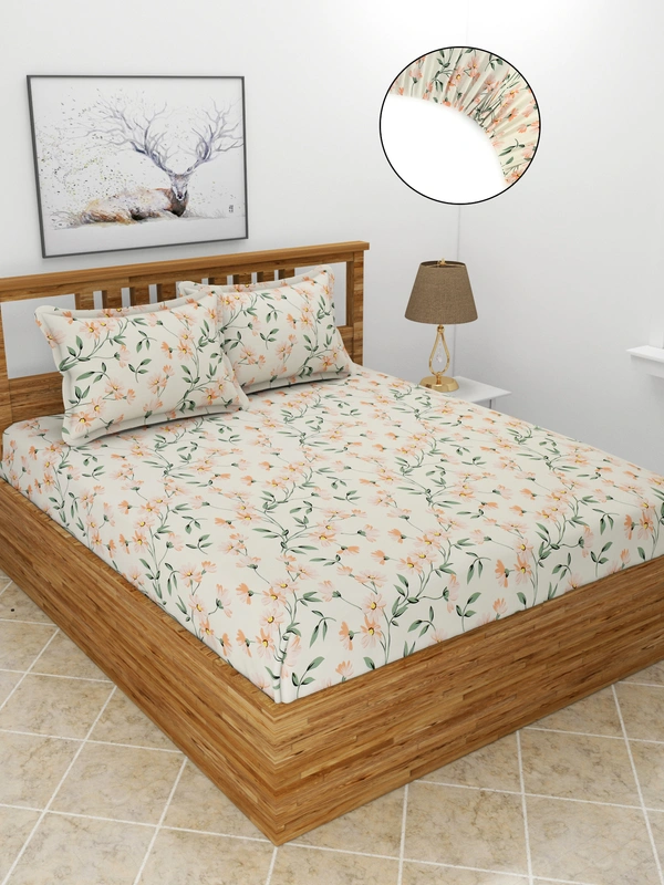 MORADO Premium Glace Cotton Elastic Fitted Double Bedsheet With 2 Pillow Covers (72x78x8 Inches) - 72x78x8 Inches, Cream