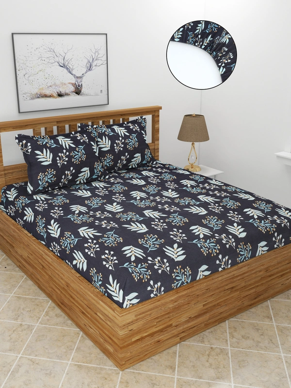 MORADO Premium Glace Cotton Elastic Fitted Double Bedsheet With 2 Pillow Covers (72x78x8 Inches) - 72x78x8 Inches, Blue