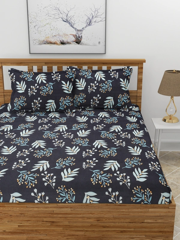 MORADO Premium Glace Cotton Elastic Fitted Double Bedsheet With 2 Pillow Covers (72x78x8 Inches) - 72x78x8 Inches, Blue