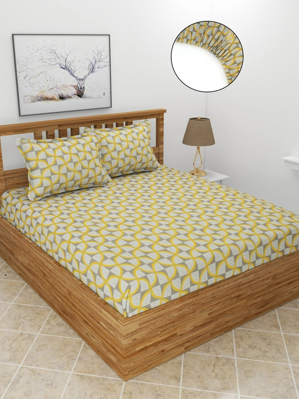 MORADO Premium Glace Cotton Elastic Fitted Double Bedsheet With 2 Pillow Covers (72x78x8 Inches) - 72x78x8 Inches, Yellow