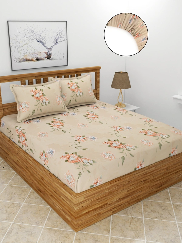 MORADO Premium Glace Cotton Elastic Fitted Double Bedsheet With 2 Pillow Covers (72x78x8 Inches) - 72x78x8 Inches, Peach