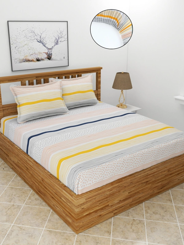 MORADO Premium Glace Cotton Elastic Fitted Double Bedsheet With 2 Pillow Covers (72x78x10 Inches) - 72x78x10 Inches, Multicolor