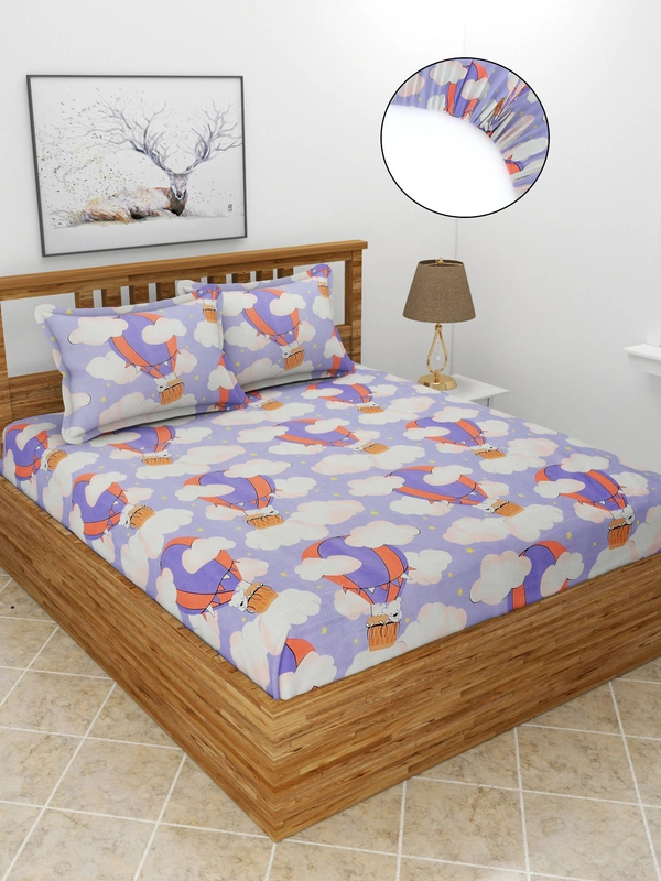 MORADO Premium Glace Cotton Elastic Fitted Double Bedsheet With 2 Pillow Covers (72x78x8 Inches) - 72x78x8 Inches, Purple