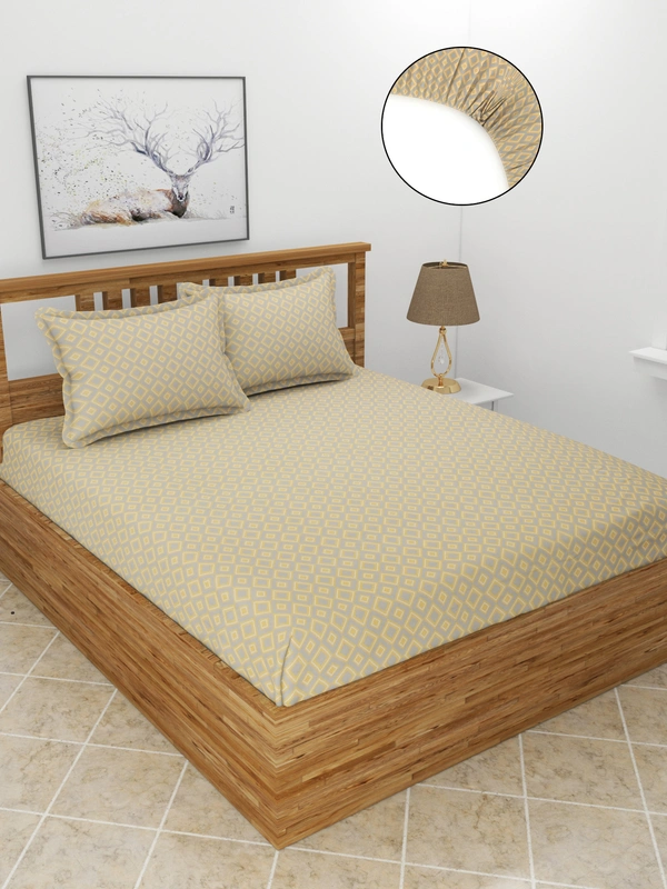 MORADO Premium Glace Cotton Elastic Fitted Double Bedsheet With 2 Pillow Covers (72x78x8 Inches) - 72x78x8 Inches, Yellow