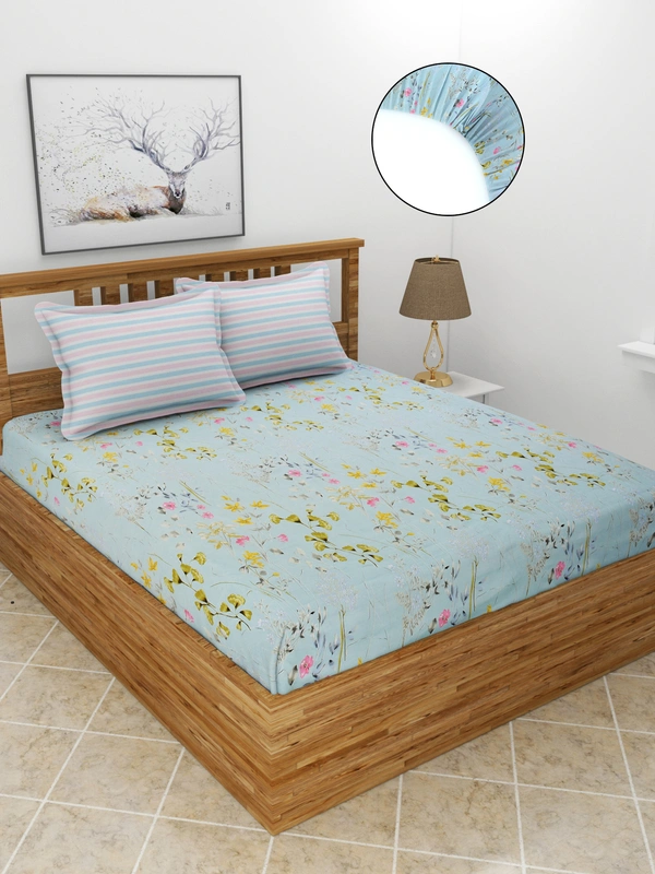 MORADO Premium Glace Cotton Elastic Fitted Double Bedsheet With 2 Pillow Covers (72x78x10 Inches) - 72x78x10 Inches, Grey