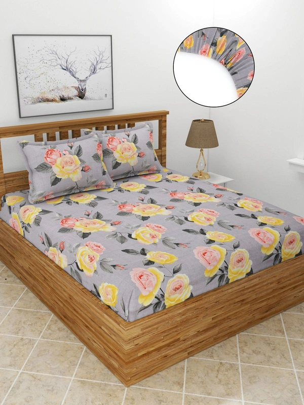 MORADO Premium Glace Cotton Elastic Fitted Double Bedsheet with 2 King Size Pillow Covers (72x78x10 Inches) - 72x78x10 Inches, Multicolor