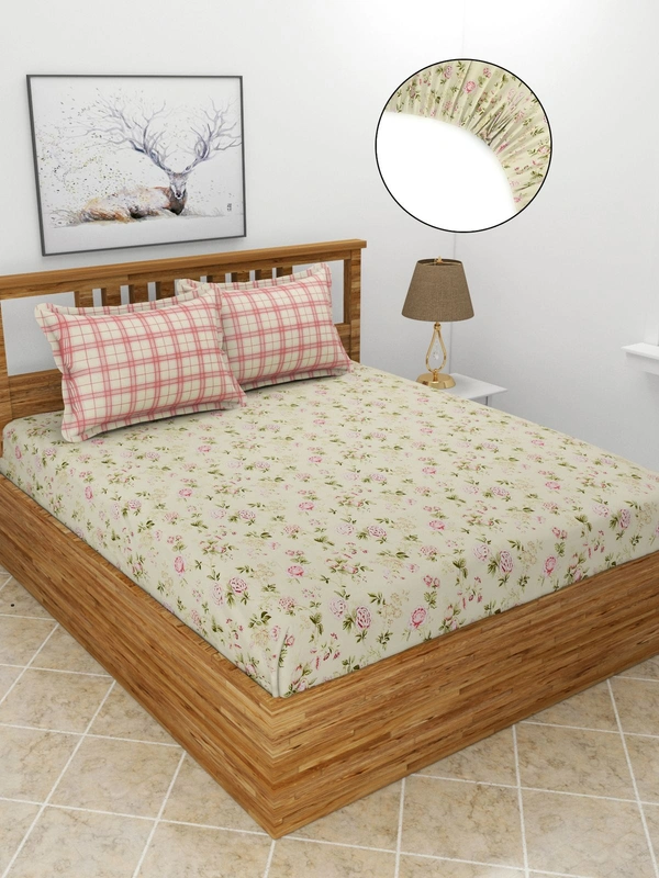 MORADO Premium Glace Cotton Elastic Fitted Double Bedsheet with 2 King Size Pillow Covers (72x78x10 Inches) - 72x78x10 Inches, Pink