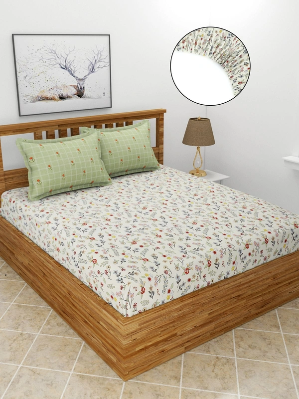 MORADO Premium Glace Cotton Elastic Fitted Double Bedsheet with 2 King Size Pillow Covers (72x78x10 Inches) - 72x78x10 Inches, Offwhite