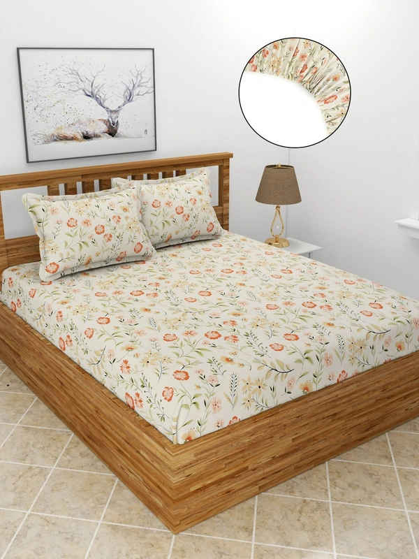 MORADO Premium Glace Cotton Elastic Fitted Double Bedsheet with 2 King Size Pillow Covers (72x78x8 Inches) - 72x78x8 Inches, Offwhite