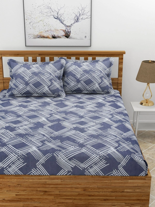 MORADO Premium Glace Cotton Elastic Fitted Double Bedsheet with 2 King Size Pillow Covers (72x78x8 Inches) - 72x78x8 Inches, Blue