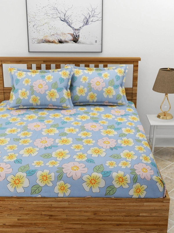 MORADO Premium Glace Cotton Double Bedsheet With 2 King Size Pillow Covers (90x100 Inches) - 90x100 Inches, Blue