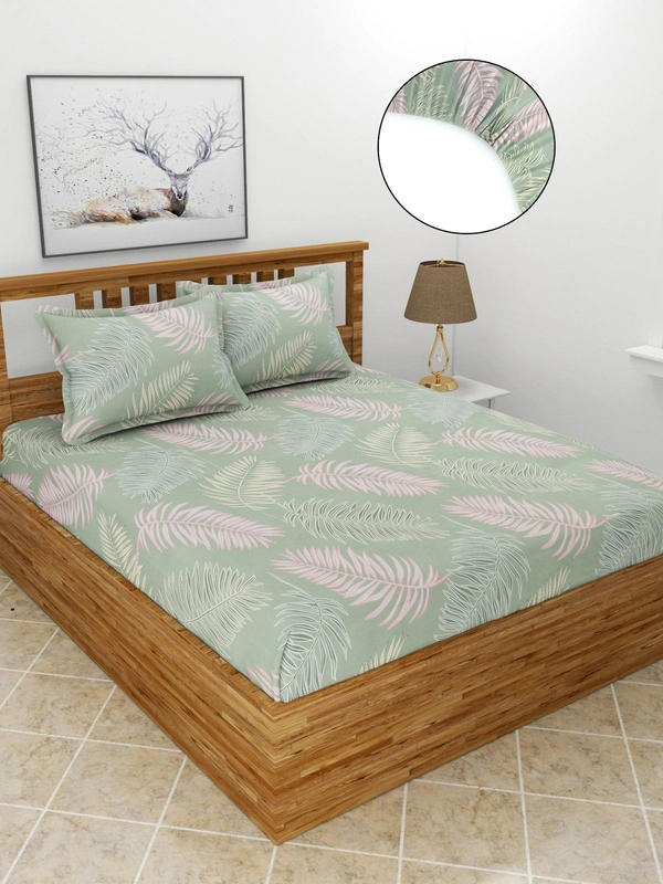 MORADO Premium Glace Cotton Elastic Fitted Double Bedsheet with 2 King Size Pillow Covers (72x78x8 Inches) - 72x78x8 Inches, Green