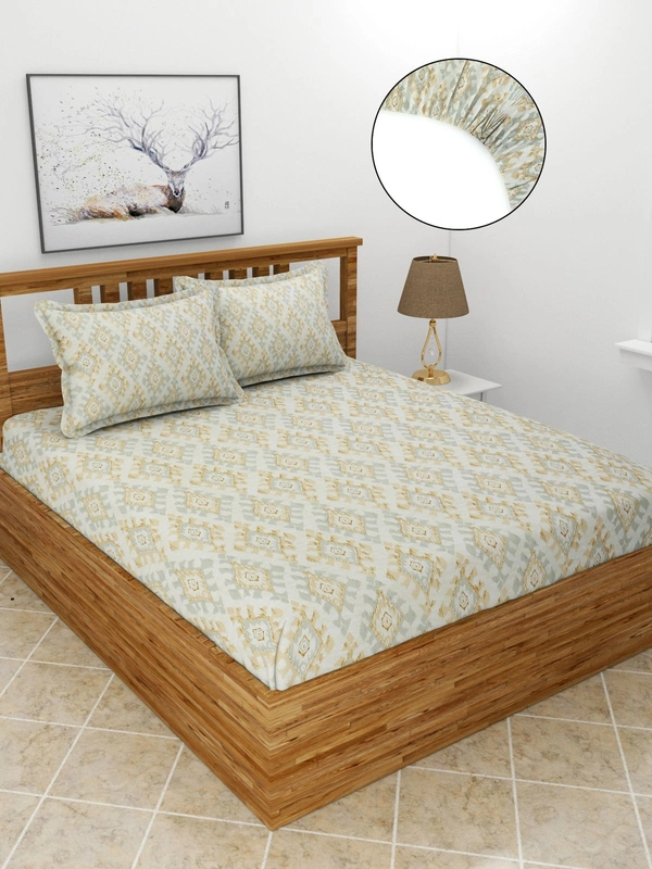 MORADO Premium Glace Cotton Elastic Fitted Double Bedsheet with 2 King Size Pillow Covers (72x78x8 Inches) - 72x78x8 Inches, Offwhite