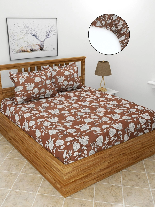 MORADO Premium Glace Cotton Elastic Fitted Double Bedsheet with 2 King Size Pillow Covers (72x78x8 Inches) - 72x78x8 Inches, Coffee