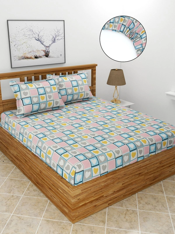 MORADO Premium Glace Cotton Elastic Fitted Double Bedsheet with 2 King Size Pillow Covers (72x78x10 Inches) - 72x78x10 Inches, Multicolor