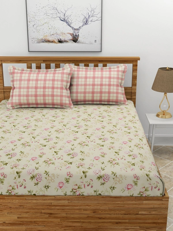 MORADO Premium Glace Cotton Elastic Fitted Double Bedsheet with 2 King Size Pillow Covers (72x78x10 Inches) - 72x78x10 Inches, Pink