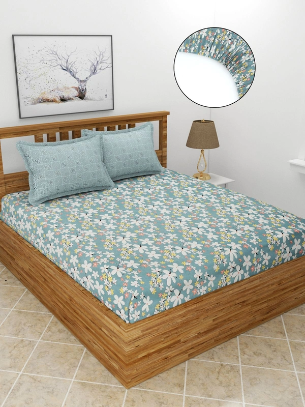 MORADO Premium Glace Cotton Elastic Fitted Double Bedsheet with 2 King Size Pillow Covers (72x78x10 Inches) - 72x78x10 Inches, Grey